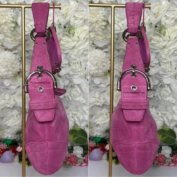 Y2K Vintage Pink Coach Soho Suede Hobo 9658 & Mini Soho Hobo Bag Charm 1659 SET - Picture 11 of 16